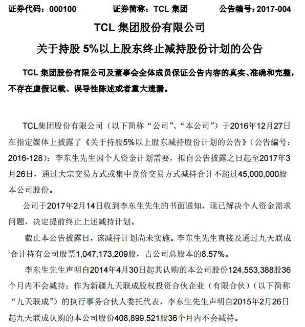 TCL集团:李东生决定提前终止减持计划 | 每经网