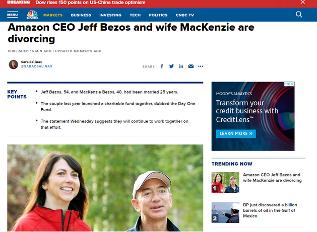 “分手费”或高达660亿美元 亚马逊CEO贝佐斯宣布离婚