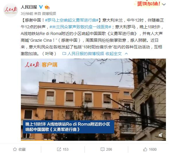 感谢中国！罗马上空响起《义勇军进行曲》