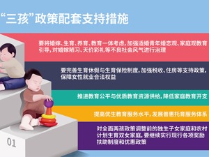 三孩时代配套支持措施有哪些？ 提高优生优育服务水平、发展普惠托育服务体系、降低家庭教育开支……