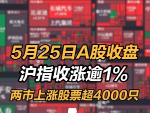 2022年5月25日A股收盘：沪指收涨超1% ，两市上涨股票超4000只 