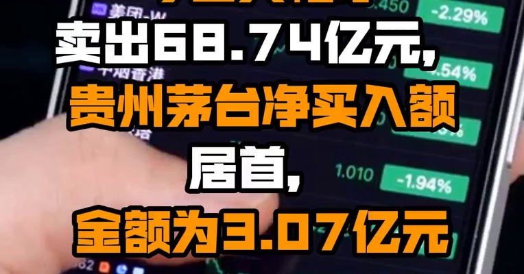 北向资金今日大幅净卖出68.74亿元，贵州茅台净买入额居首，金额为3.07亿元