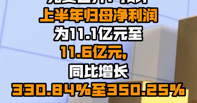 完美世界：预计上半年归母净利润为11.1亿元至11.6亿元，同比增长330.84%至350.25%