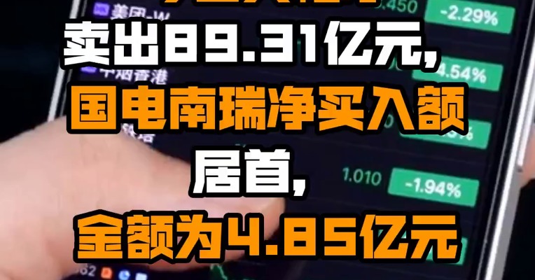 北向资金今日大幅净卖出89.31亿元，国电南瑞净买入额居首，金额为4.85亿元