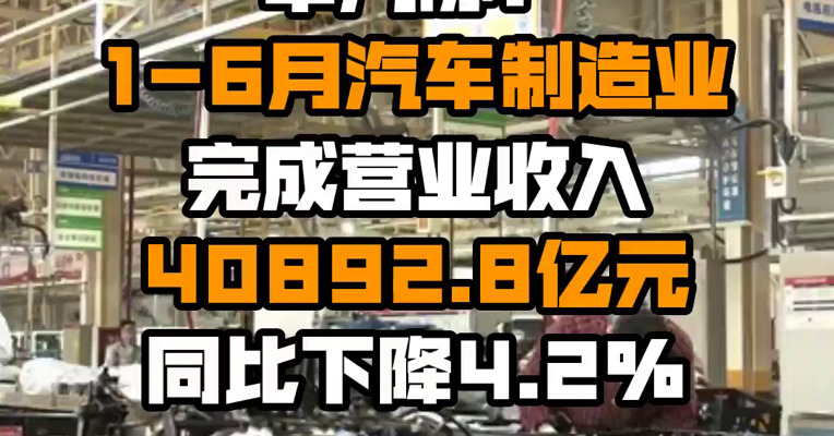中汽协：1-6月汽车制造业完成营业收入40892.8亿元 同比下降4.2%