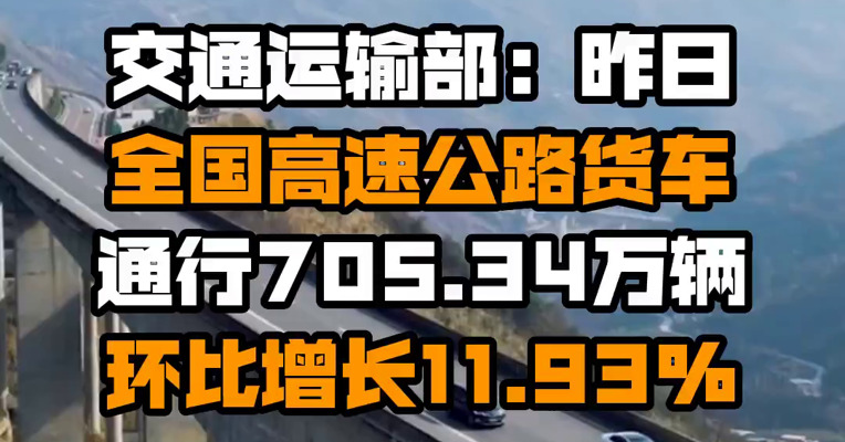 交通运输部：昨日全国高速公路货车通行705.34万辆 环比增长11.93%