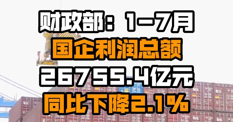 财政部：1-7月国企利润总额26755.4亿元 同比下降2.1%