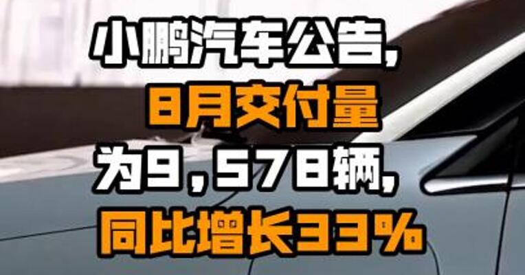 小鹏汽车公告，8月交付量为9,578辆，同比增长33%