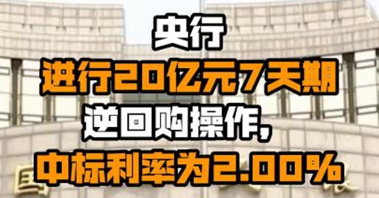 央行进行20亿元7天期逆回购操作，中标利率为2.00%