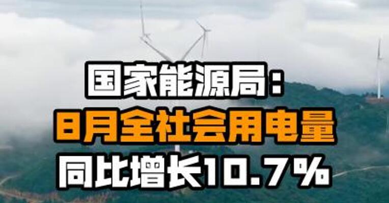 国家能源局：8月全社会用电量同比增长10.7%