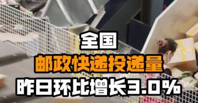 全国邮政快递投递量昨日环比增长3.0%