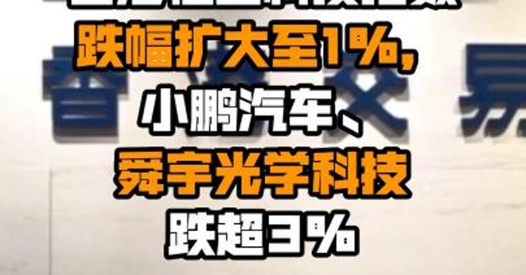 香港恒生科技指数跌幅扩大至1%，小鹏汽车、舜宇光学科技跌超3%