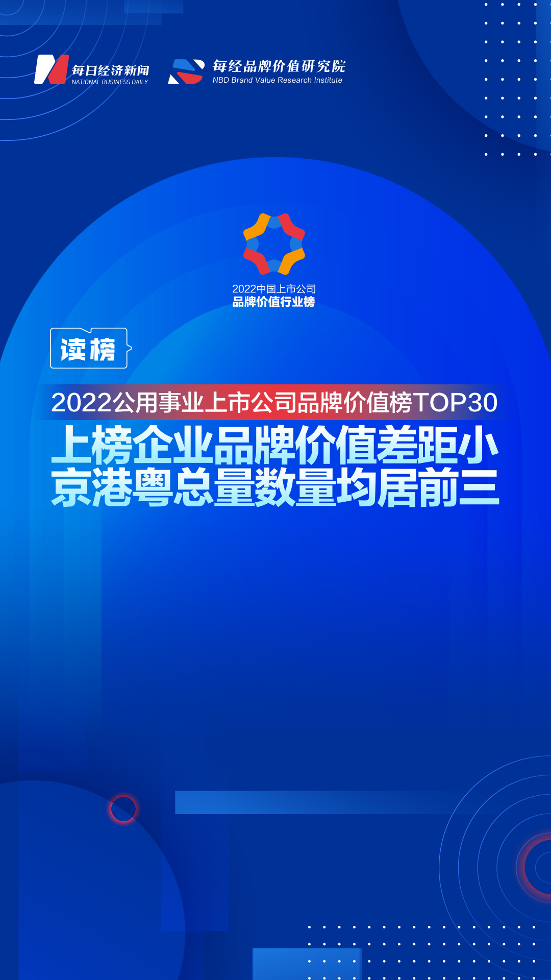 读榜丨2022公用事业上市公司品牌价值榜TOP30：上榜企业品牌价值差距小，京港粤总量数量均居前三 