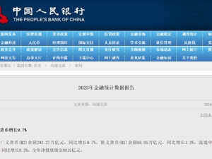 央行发布2023年金融数据：全年人民币存款同比少增5101亿元，人民币贷款同比多增1.31万亿元
