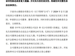 近700亿市值宁波港发布公告：董事长毛剑宏因工作原因辞职！