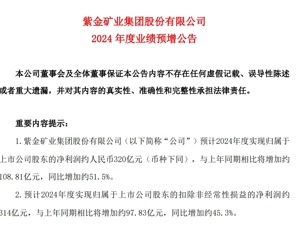 4300亿市值矿业巨头公告：预计2024年净利润约320亿元，同比增长约51.5%