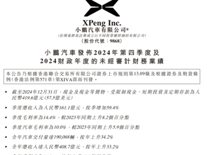 小鹏汽车2024年营收408.7亿元，毛利率14.3%！单季交付量超9万台，大涨52%！何小鹏：已做好准备大幅扩张市场份额