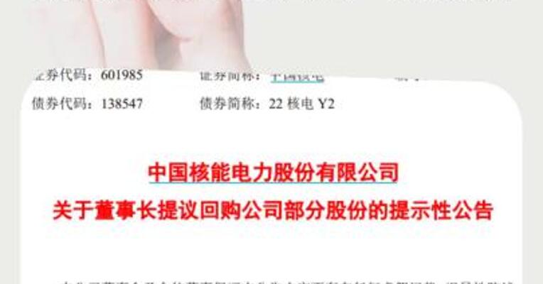 中国核电：董事长提议3亿元~5亿元回购股份