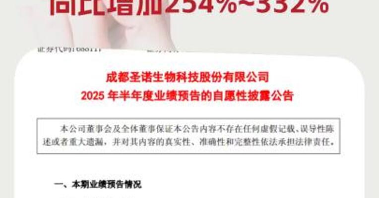 圣诺生物：预计上半年净利润同比增加254%~332%