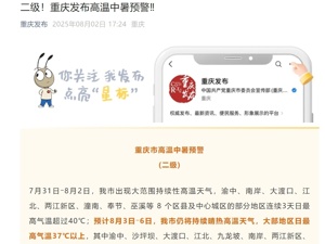 最高气温43.1℃登顶全国高温榜 ！重庆发布高温中暑二级预警，中央气象台：未来十天陕川渝鄂等地高温持续