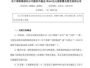 万科公告：再获20亿借款！深铁集团年内已向公司借款238亿