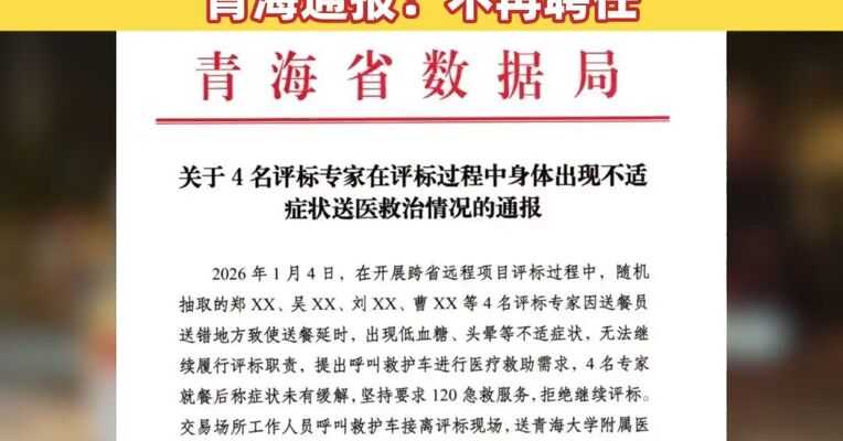 4名评标专家因送餐延误导致低血糖、头晕，要求送医，拒绝继续评标，青海通报：不再聘任