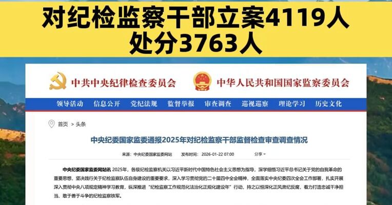 中央纪委国家监委通报2025年对纪检监察干部监督检查审查调查情况：对纪检监察干部立案4119人，处分3763人