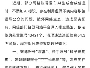 网信部门从严整治传播无AI标识的虚假不实信息问题！处置账号13421个，清理违法违规信息54.3万余条