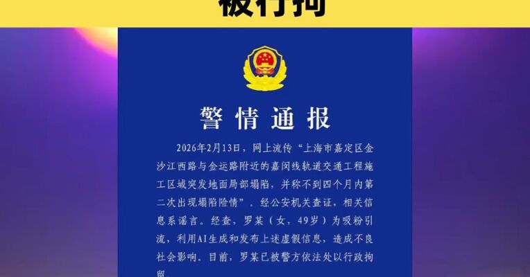 上海警方：女子用AI生成发布嘉定区嘉闵线施工区塌陷虚假信息，被行拘