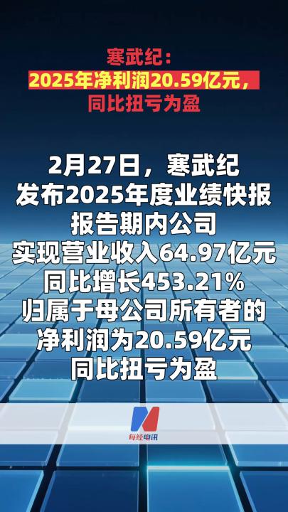 寒武紀(jì)：2025年凈利潤(rùn)20.59億元，同比扭虧為盈