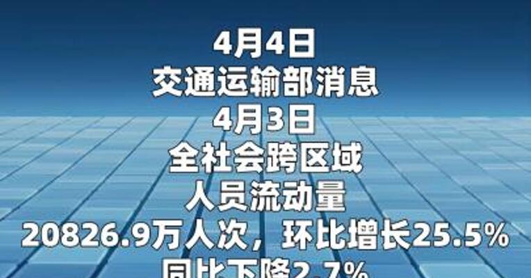 4月3日，全社会跨区域人员流动量20826.9万人次