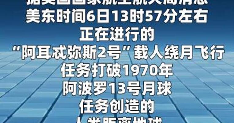 美“阿耳忒弥斯2号”载人绕月任务打破人类距离地球 最远飞行纪录