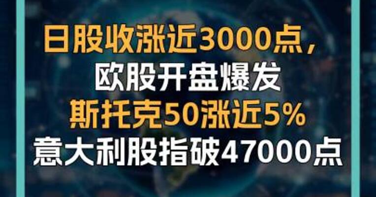 日股收涨近3000点， 欧股开盘爆发 斯托克50涨近5% 意大利股指破47000点