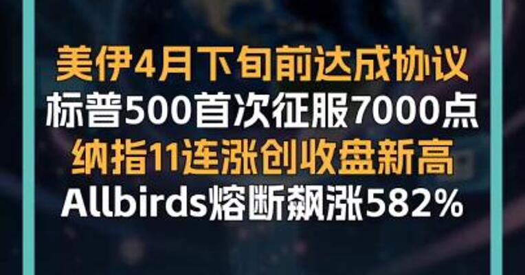 美伊4月下旬前达成协议 标普500首次征服7000点 纳指11连涨创收盘新高 Allbirds熔断飙涨582%