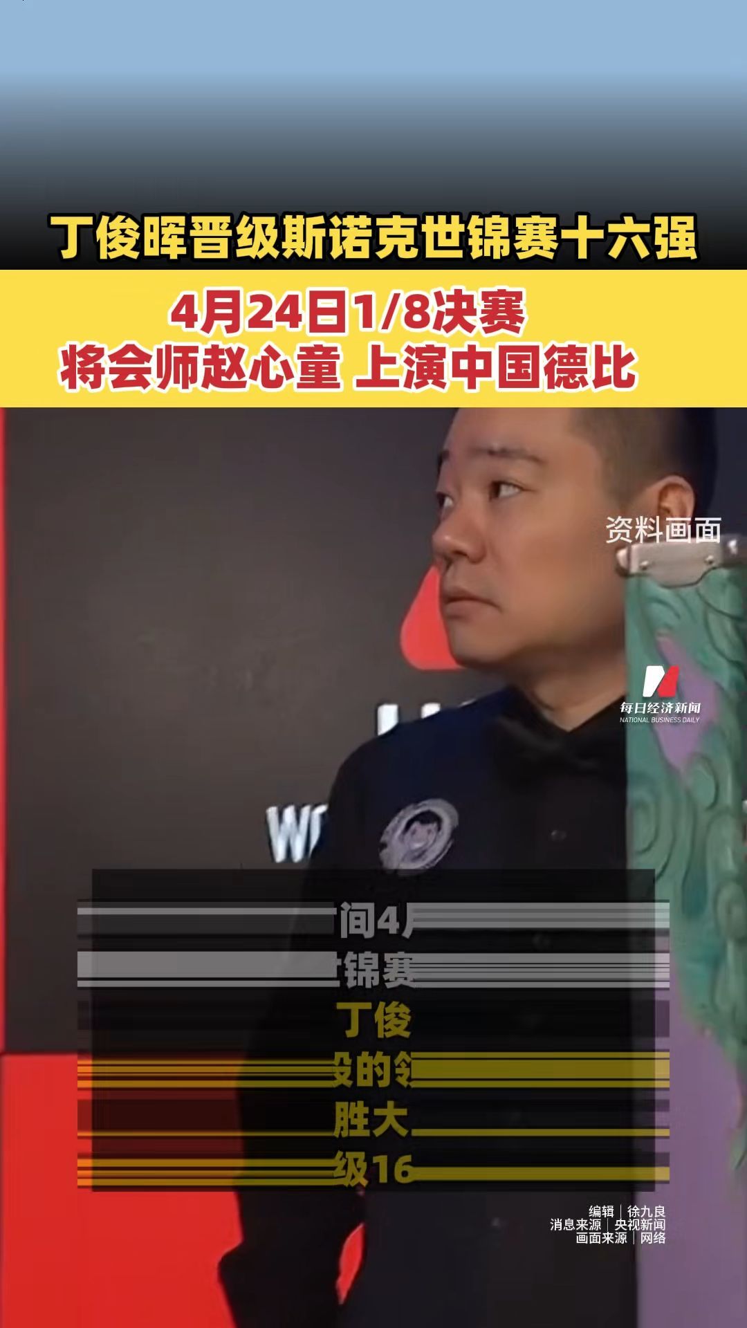 丁俊晖晋级斯诺克世锦赛十六强 4月24日1/8决赛将会师赵心童 上演中国德比