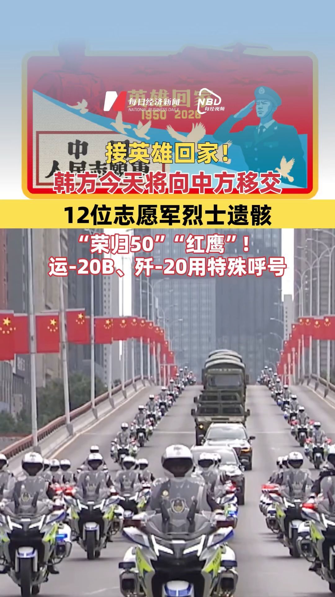 韩方今天将向中方移交12位志愿军烈士遗骸；“荣归50”“红鹰”！运-20B、歼-20用特殊呼号唤英烈回家；杨根思连、陈冬、齐广璞等将迎接