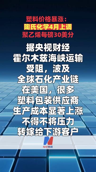 塑料价格暴涨：陶氏化学4月上调聚乙烯每磅30美分