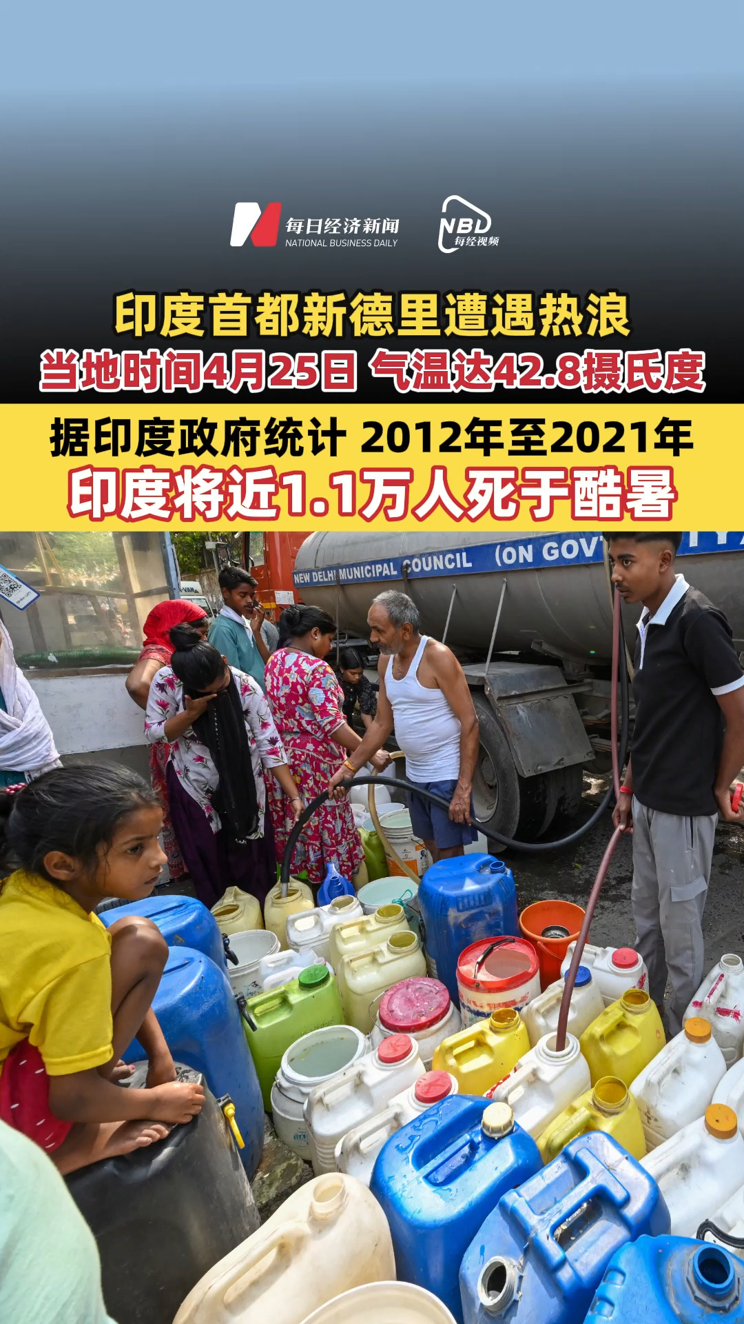 印度首都新德里遭遇热浪，当地时间4月25日气温达42.8摄氏度！据印度政府统计，2012年至2021年，印度将近1.1万人死于酷暑