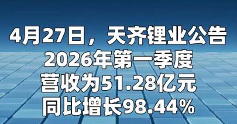 天齐锂业：一季度净利润18.76亿元 同比增长1699.12%