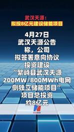 武汉天源：拟投8亿元建设储能项目