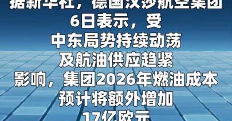 汉莎2026年燃油成本预计额外增加17亿欧元