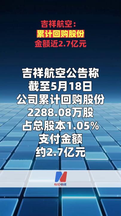 吉祥航空：累计回购股份金额近2.7亿元