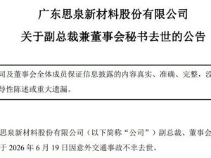 思泉新材董秘因交通意外去世 曾获评“2025新财富最佳董秘”