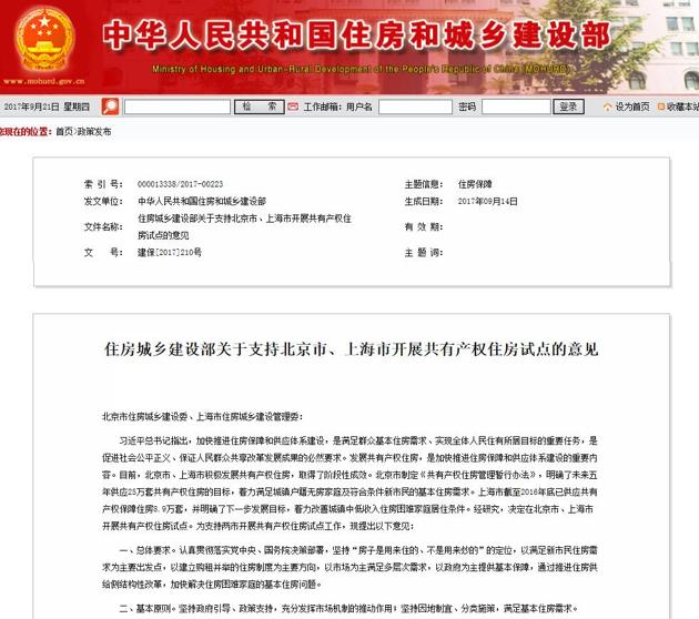 住建部发文支持北京、上海开展共有产权住房试