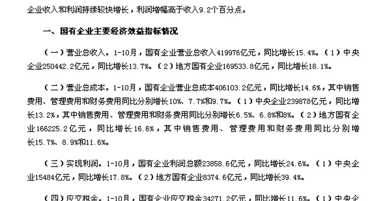 2017年1-10月全国国有及国有控股企业经济运行情况