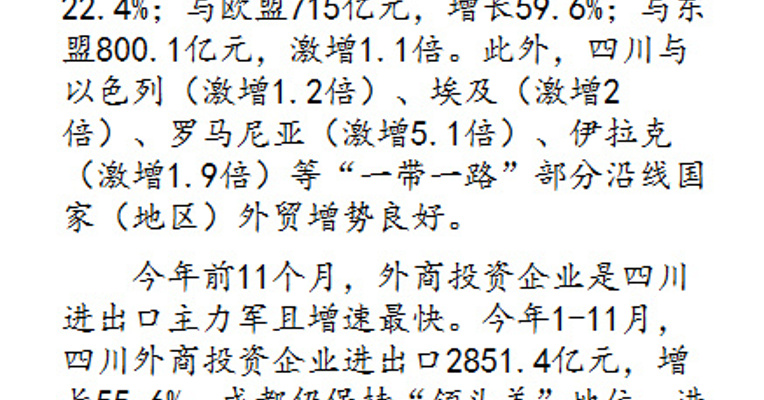 1-11月四川外贸进出口近4227亿元 创历史新高