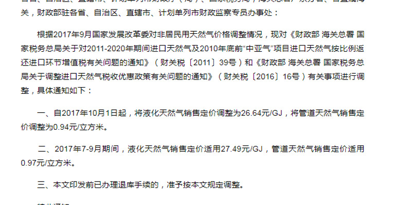 财政部发布关于调整天然气进口税收优惠政策有关问题的通知