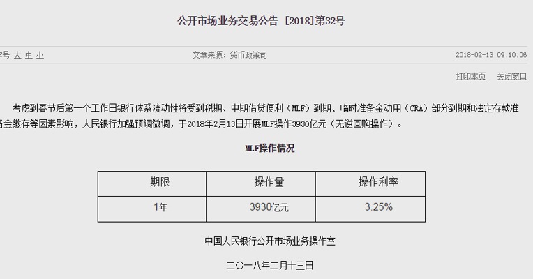 中国央行进行3930亿元MLF操作