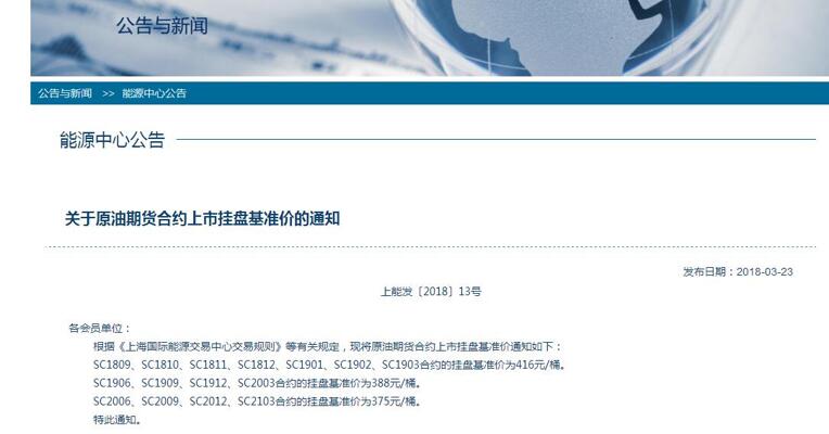 上海能源中心发布原油期货合约上市挂盘基准价