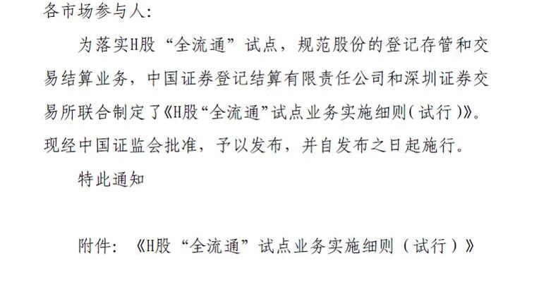 中国结算、深交所联合发布《H股“全流通”试点业务实施细则（试行）》
